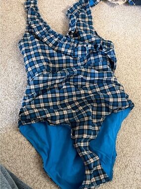 Ganni Blue and White Plaid One-Piece Swimsuit